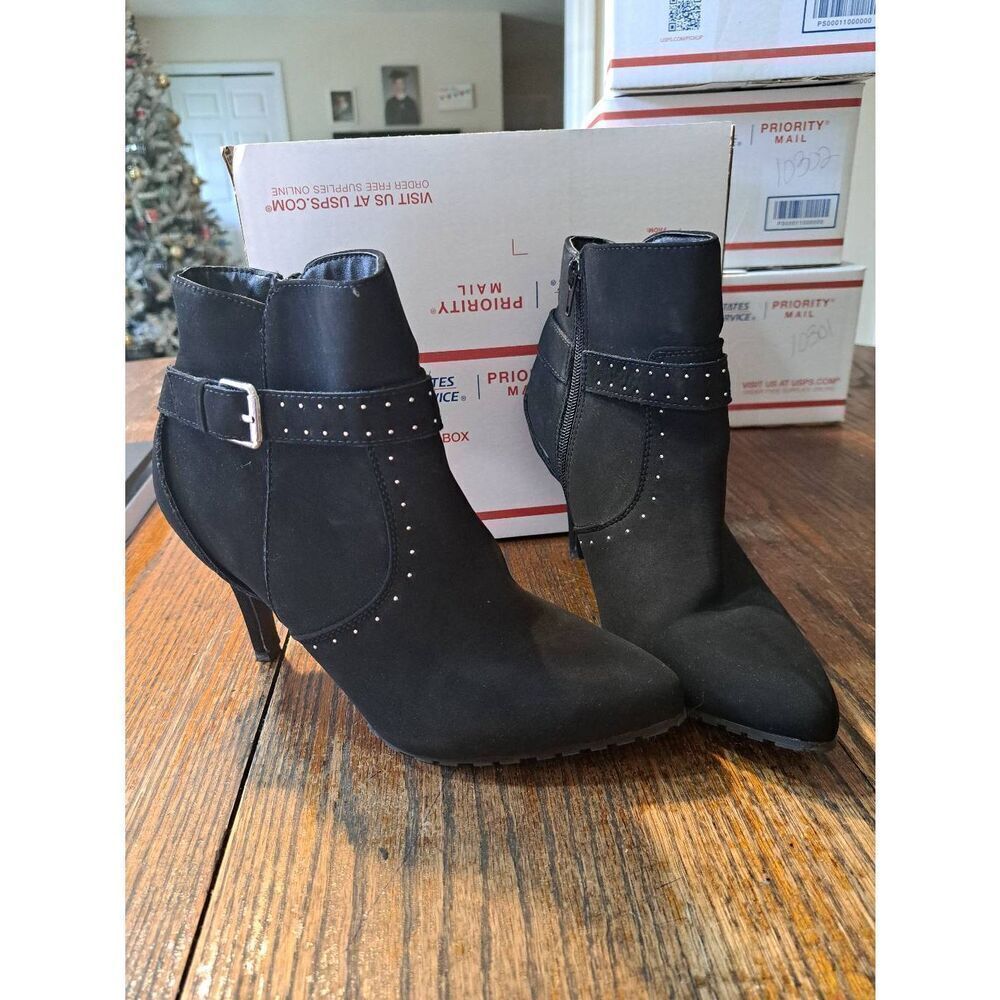 10M ...me too Black Buckle Embellished High Heel Pump Ankle Boots Booties Shoes